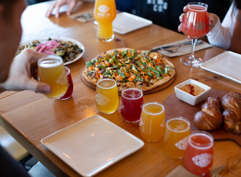Craft beer flight and artisan pizza at Bright Eye Brewing in Kamloops.