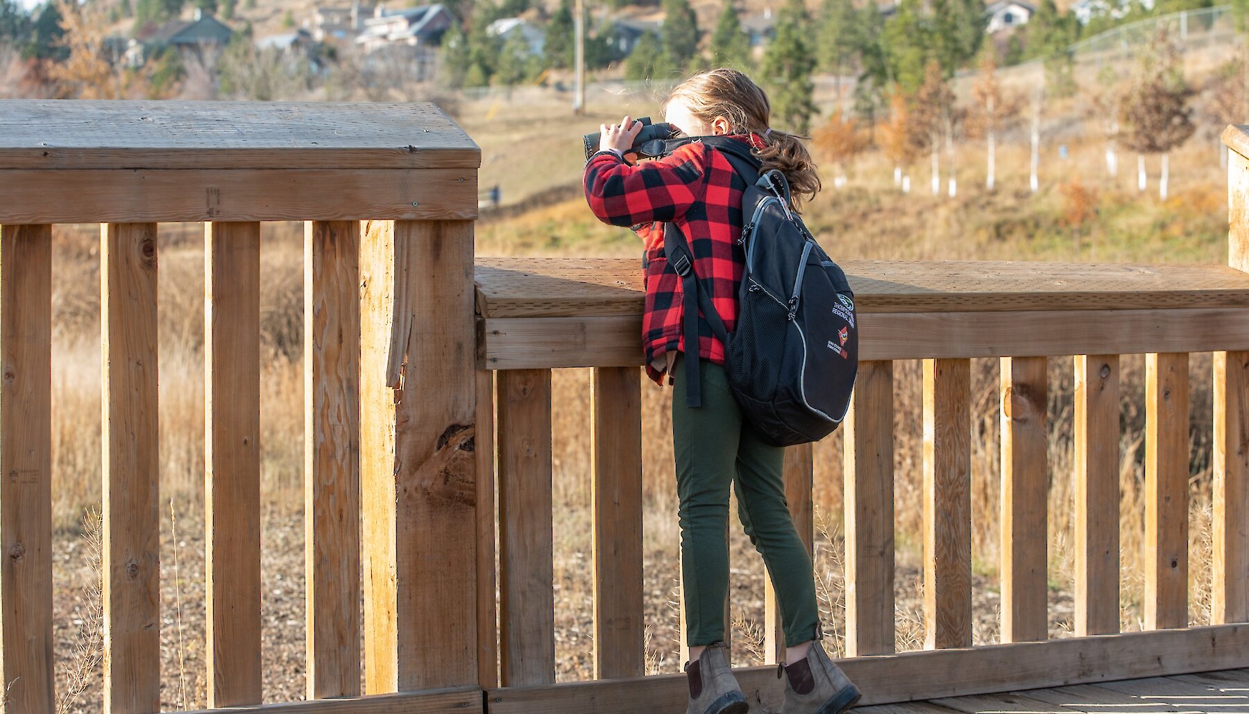 A girl bird watching through binolculars at the Dufferin Wetlands Nature Park in Kamloops, British Columbia.