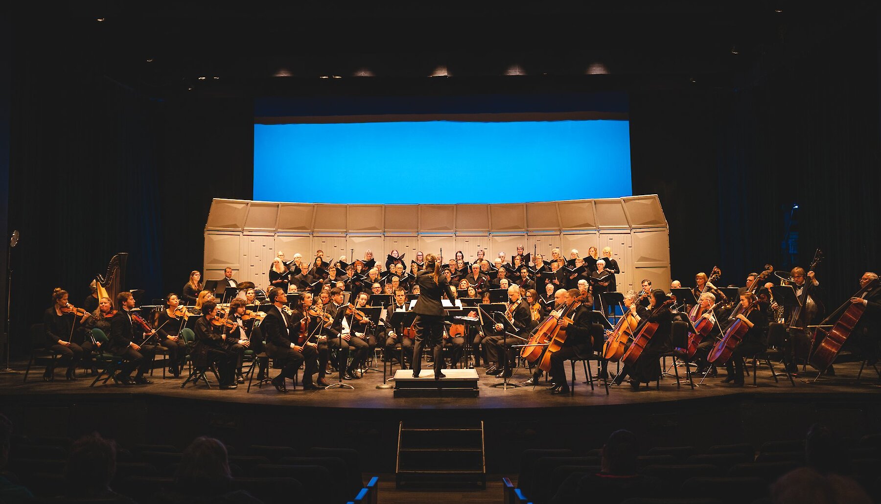 The Kamloops Symphony is seen on stage performing.