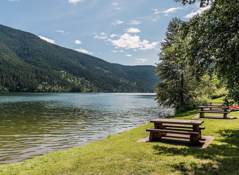 Picnic bench beside calm lake and forested hills at Paul Lake Provincial Park near Kamloops.