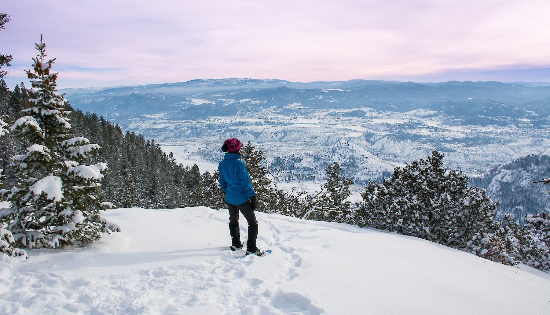 Woman admiring the view of the valley at Harper Mountain wearing her snowshoes.